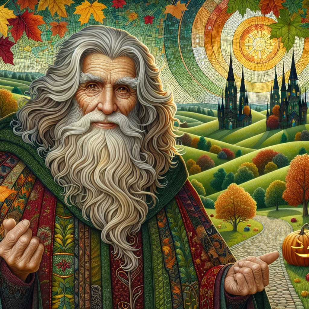 Elderly Figure in Autumn Landscape with Gothic Village