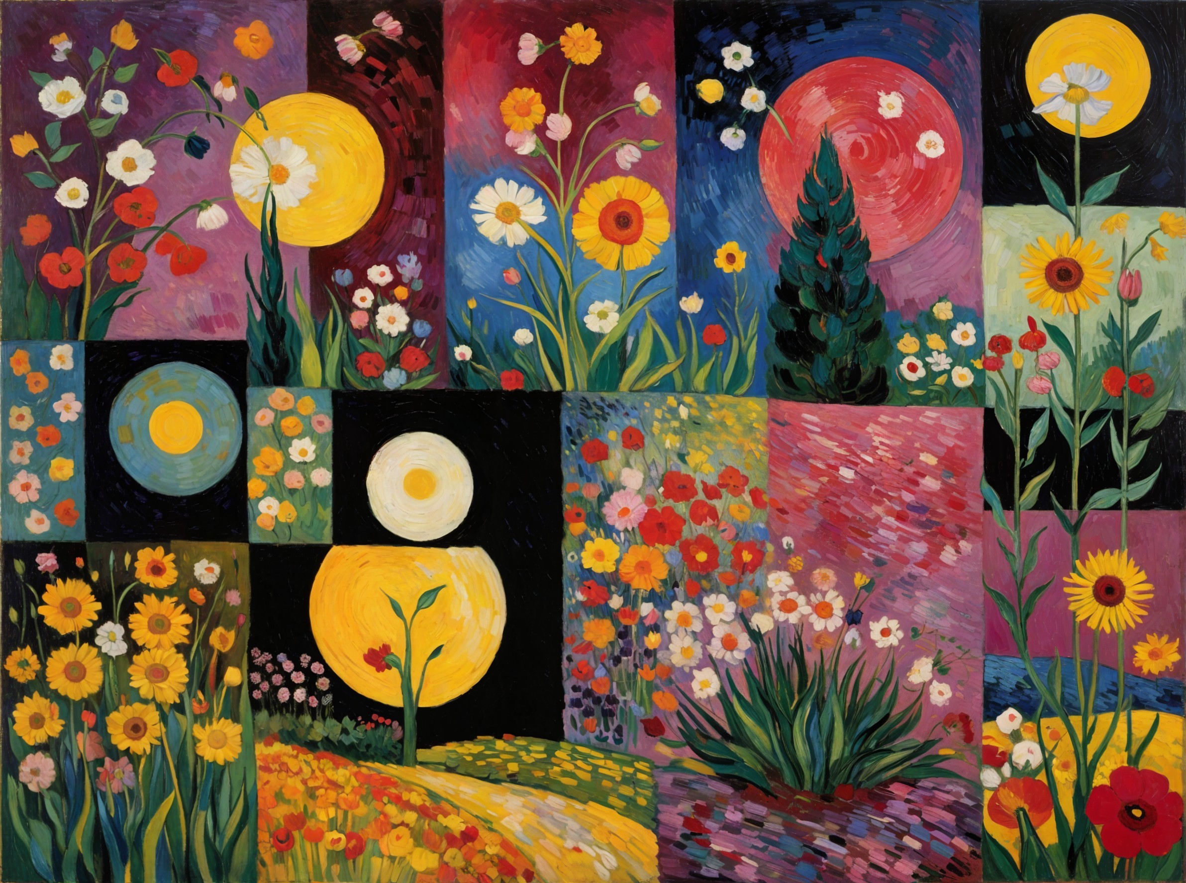 Vibrant Collage of Flowers and Suns in Bold Colors