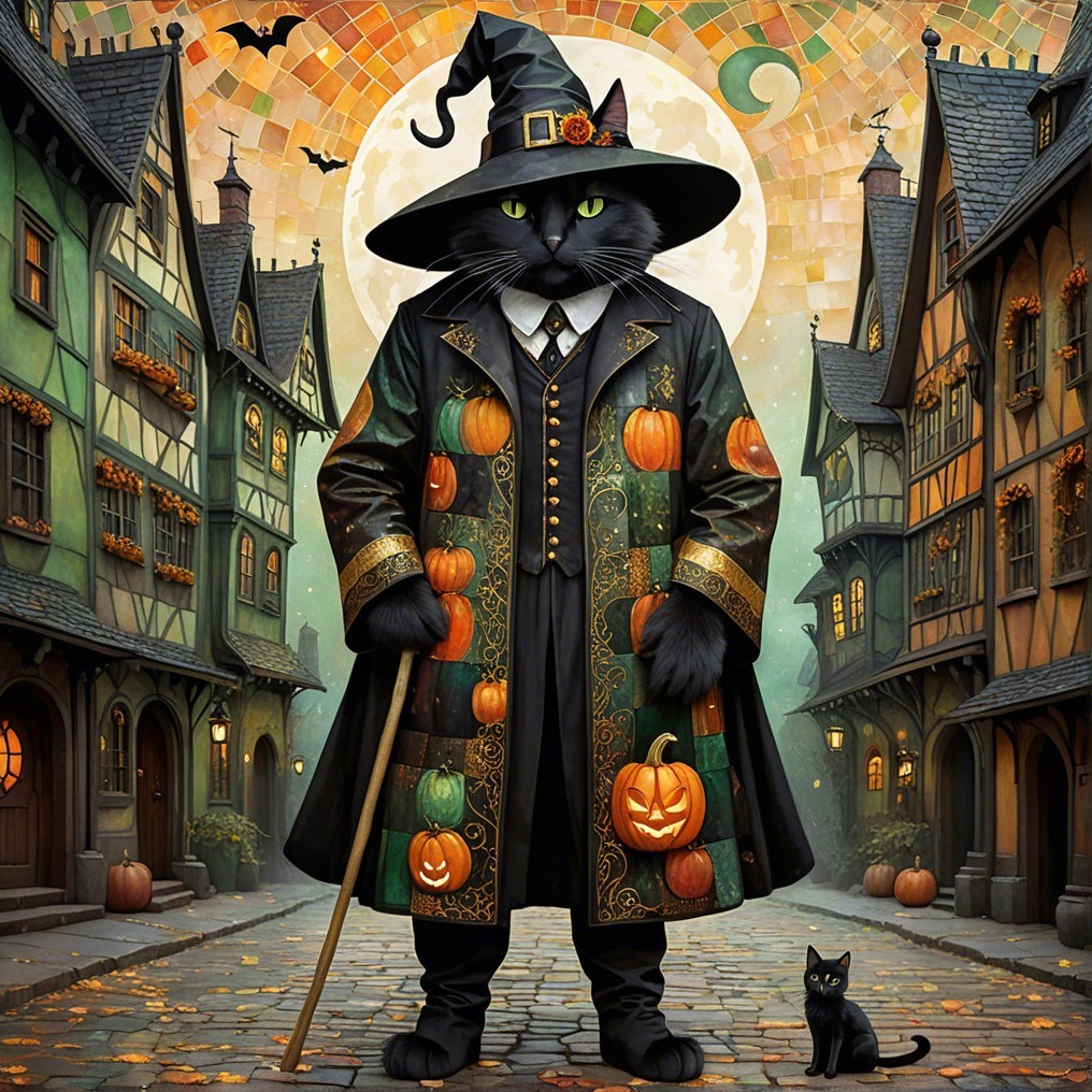 Whimsical Black Cat Wizard in Medieval Street Scene