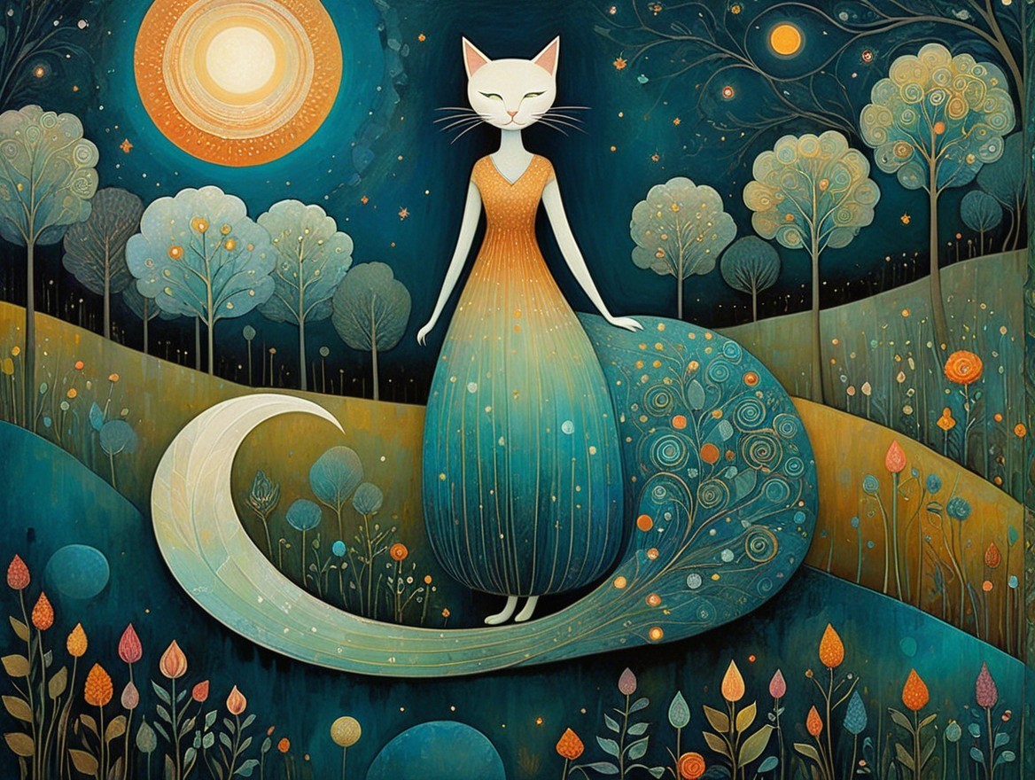 Whimsical Cat-Human Hybrid in Enchanting Landscape