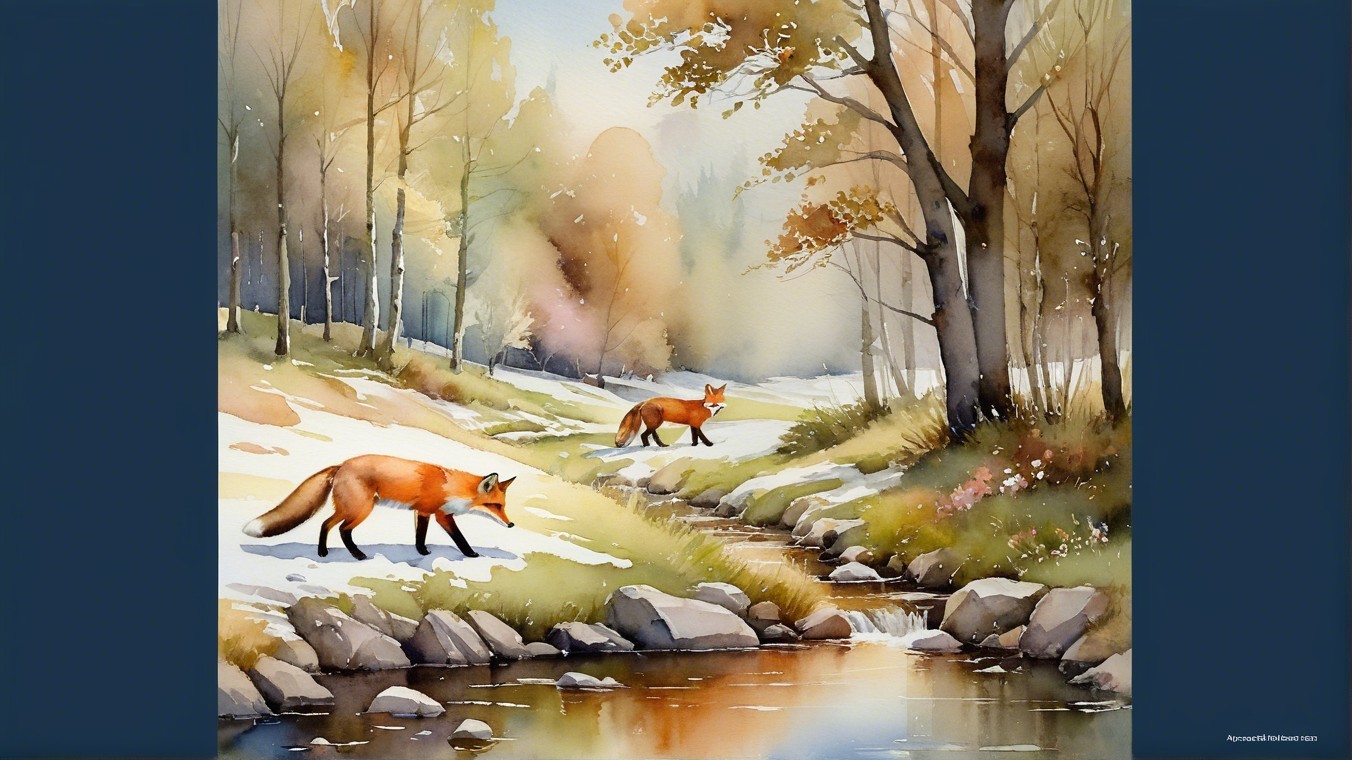 Watercolor of Foxes in Tranquil Autumn Forest