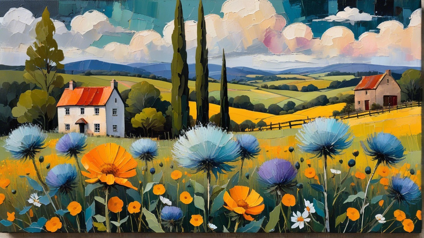 Vibrant Countryside Landscape with Cottages and Hills