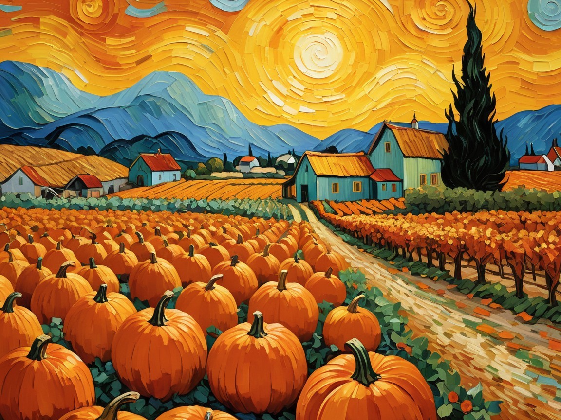 Vibrant Autumn Landscape with Pumpkins and Hillside Houses