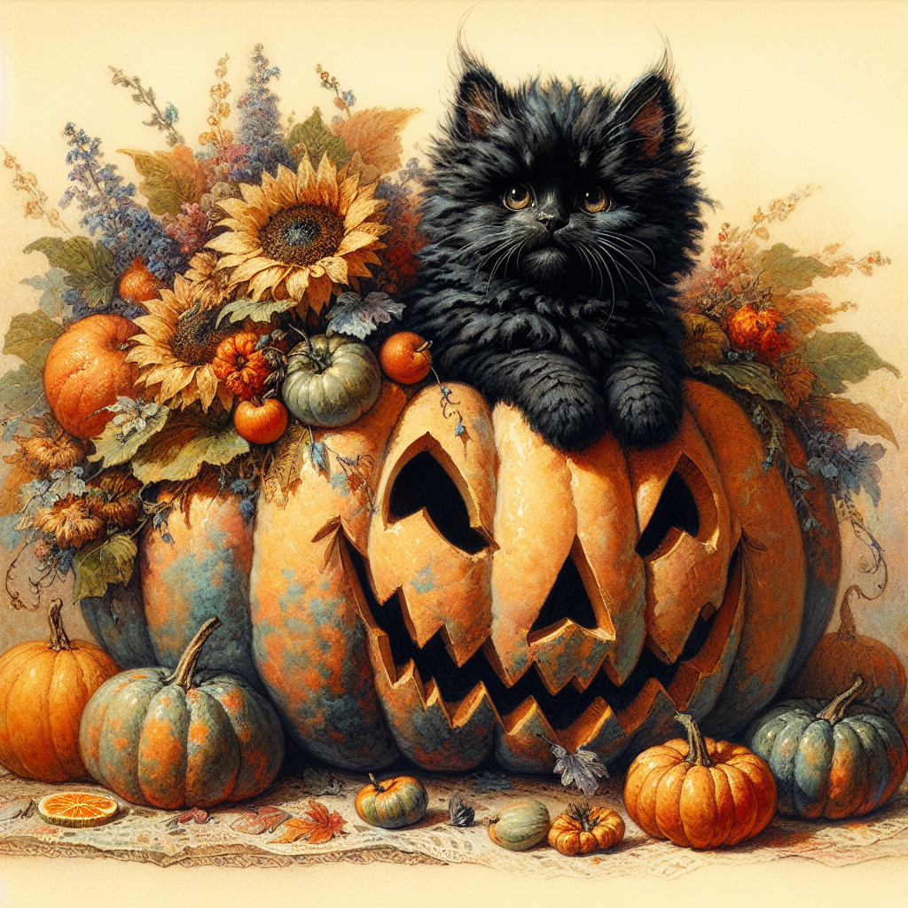 Fluffy Black Kitten on Carved Pumpkin with Fall Decor