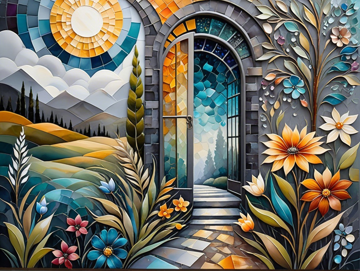 Ornate Doorway Surrounded by Colorful Flowers and Hills