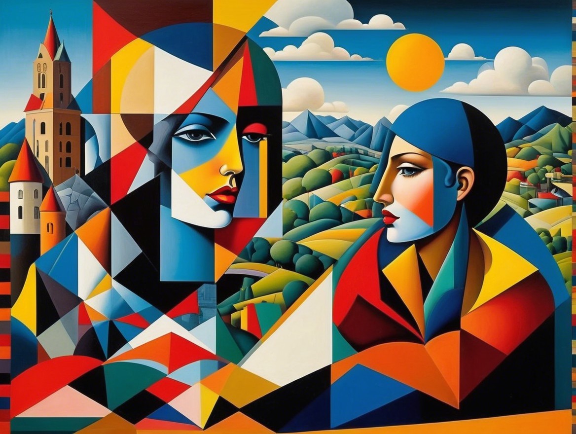 Stylized Faces in Bold Colors Against Vibrant Landscape