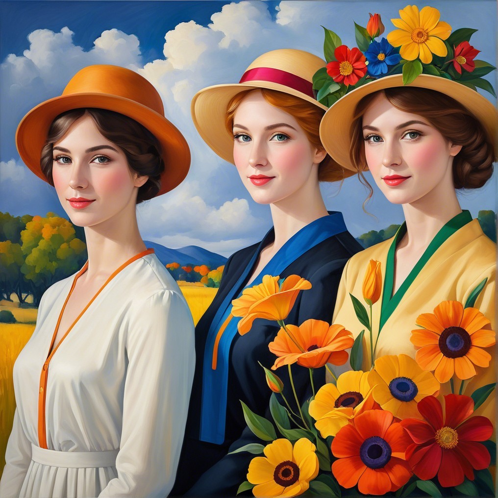 Elegant Women in Vintage Attire with Flowers