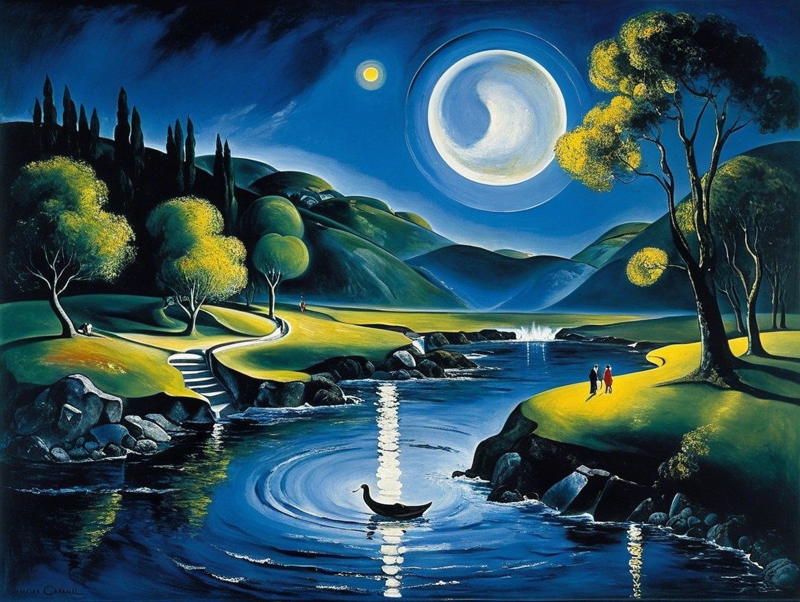 Moonlit River Landscape with Trees and Couple