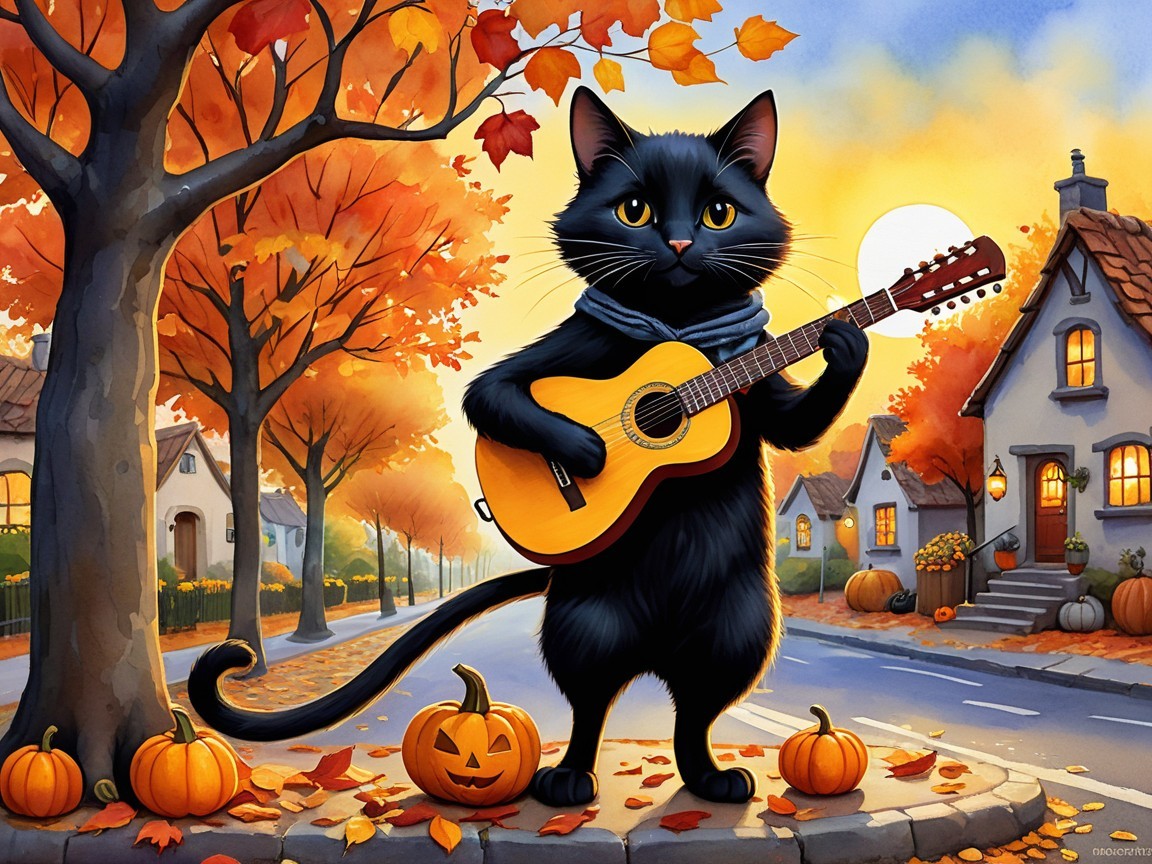 Whimsical Black Cat Playing Guitar in Autumn Scene