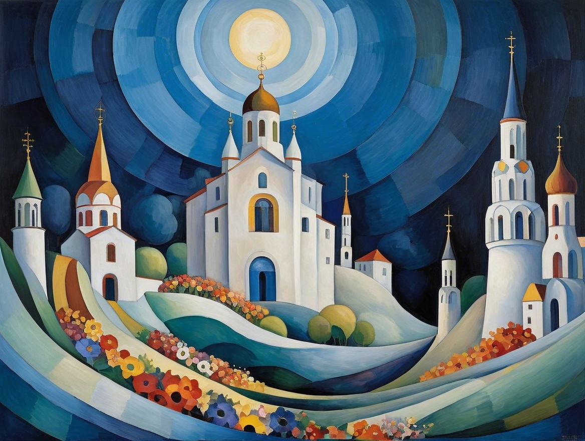 Whimsical Churches in Vibrant Night Landscape Art