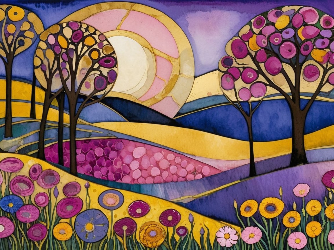 Vibrant Landscape with Colorful Blooms and Silhouette Trees