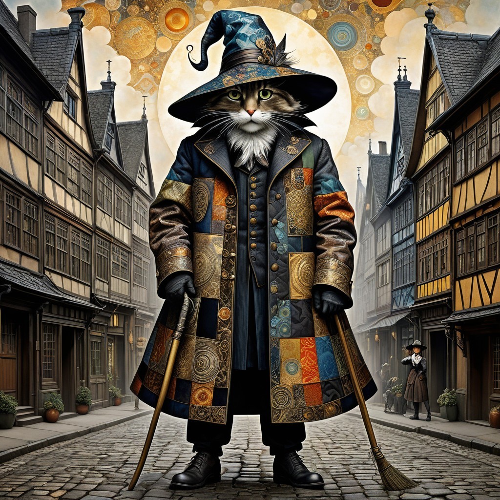 Majestic Cat in Wizard Coat on Cobblestone Street