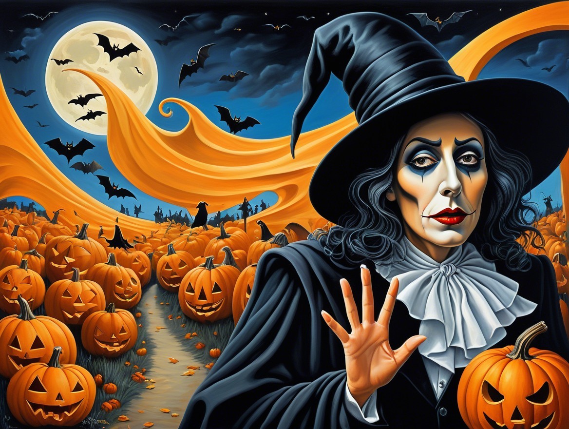 Mysterious Figure in Witch Hat in Pumpkin Patch