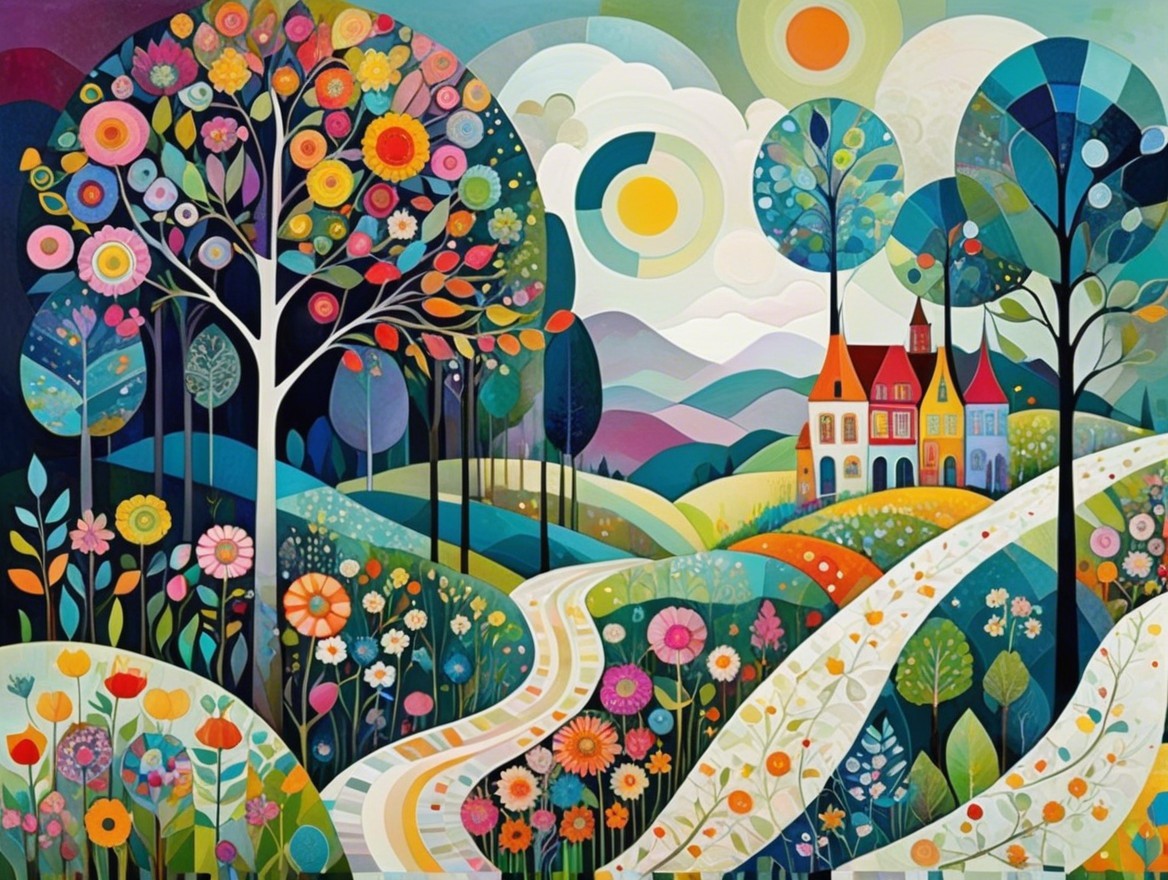 Vibrant Landscape with Whimsical Trees and Flowers