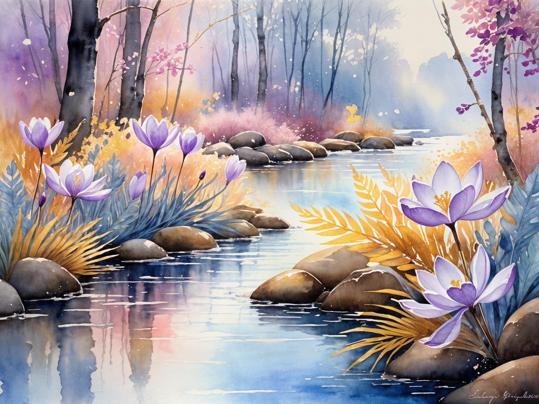 Watercolor Landscape of a Stream with Autumn Foliage