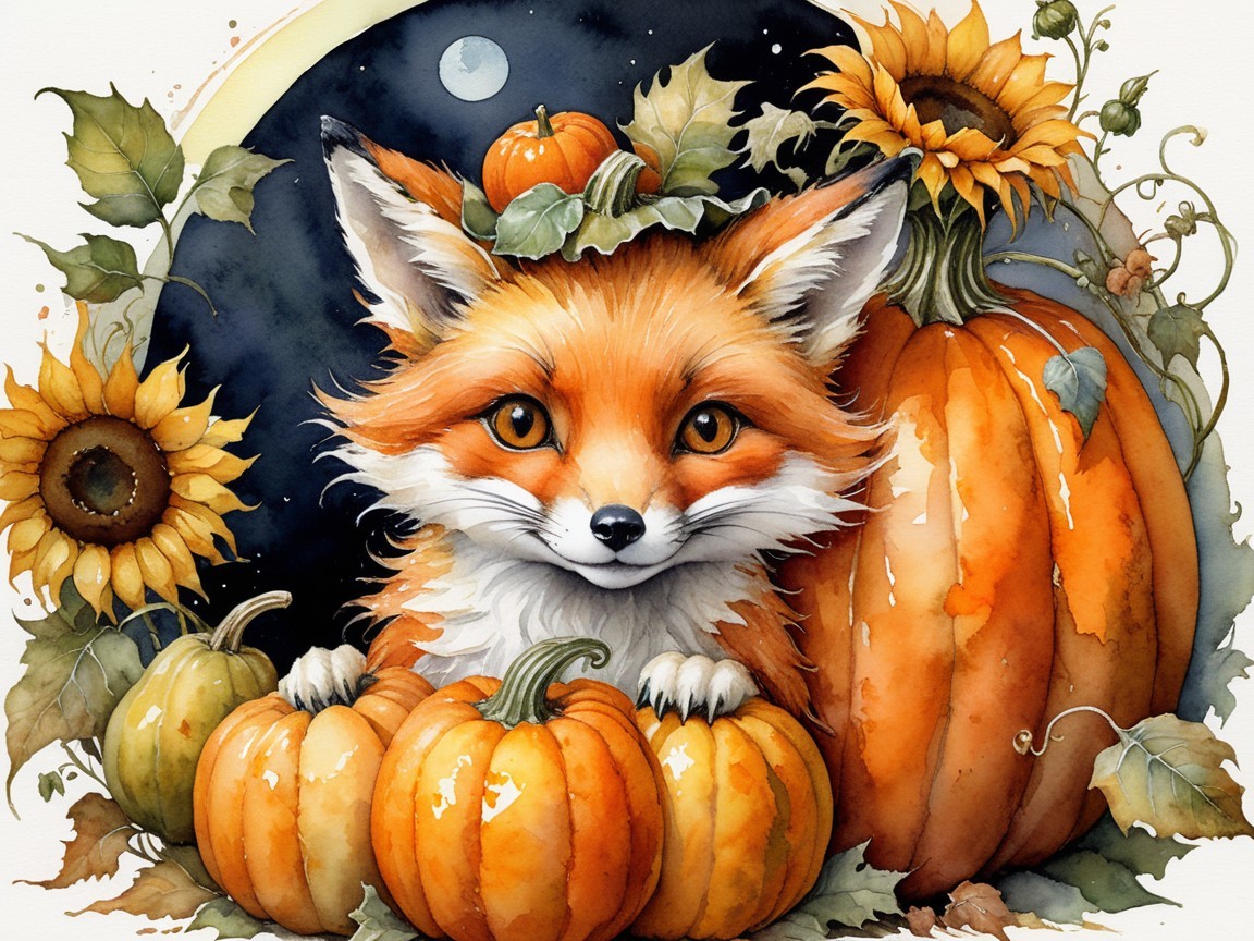 Red fox among pumpkins and sunflowers in autumn scene