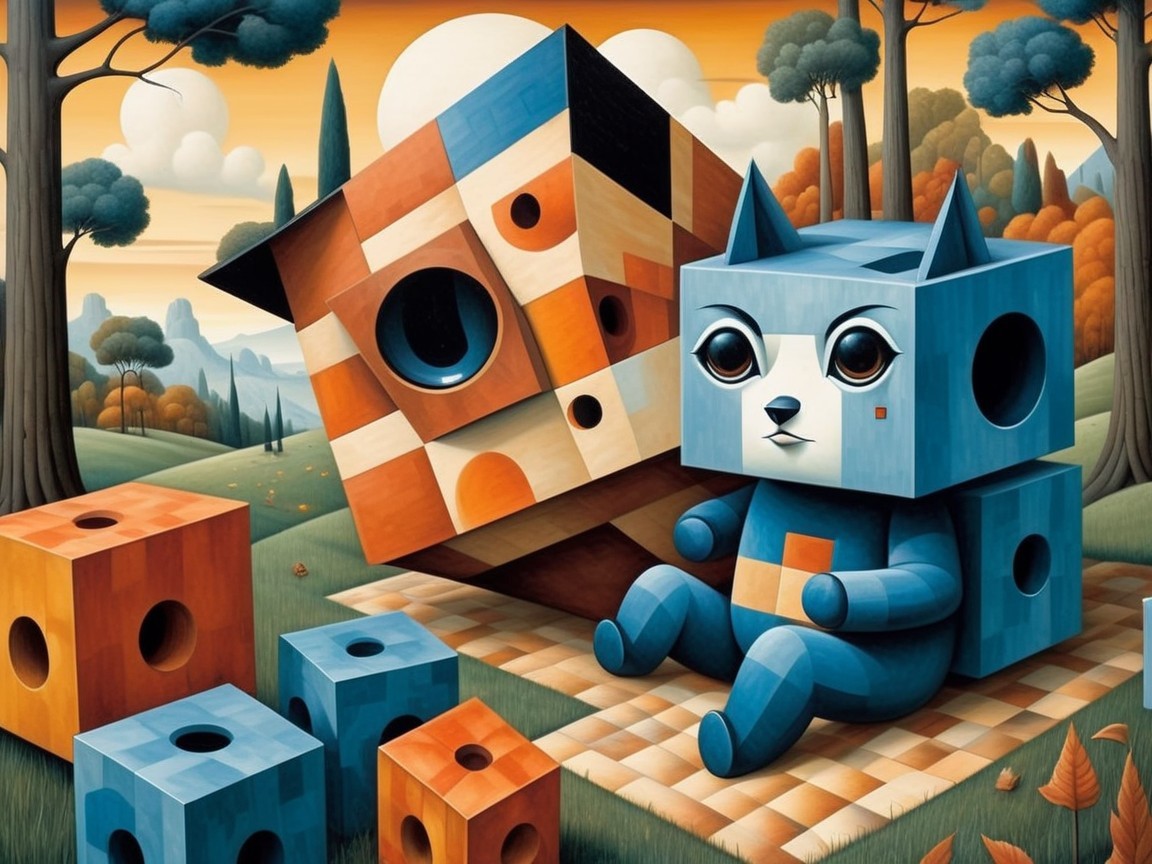Whimsical Landscape with Geometric Cat and Shapes