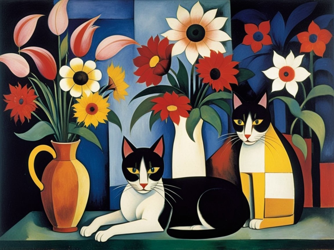 Stylized Cats with Colorful Flowers and Geometric Shapes