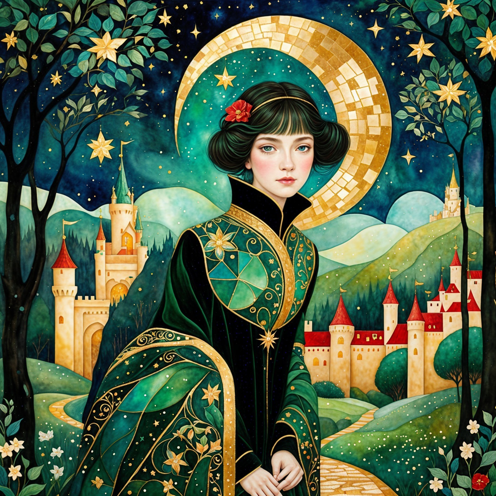 Young woman in emerald gown under crescent moon