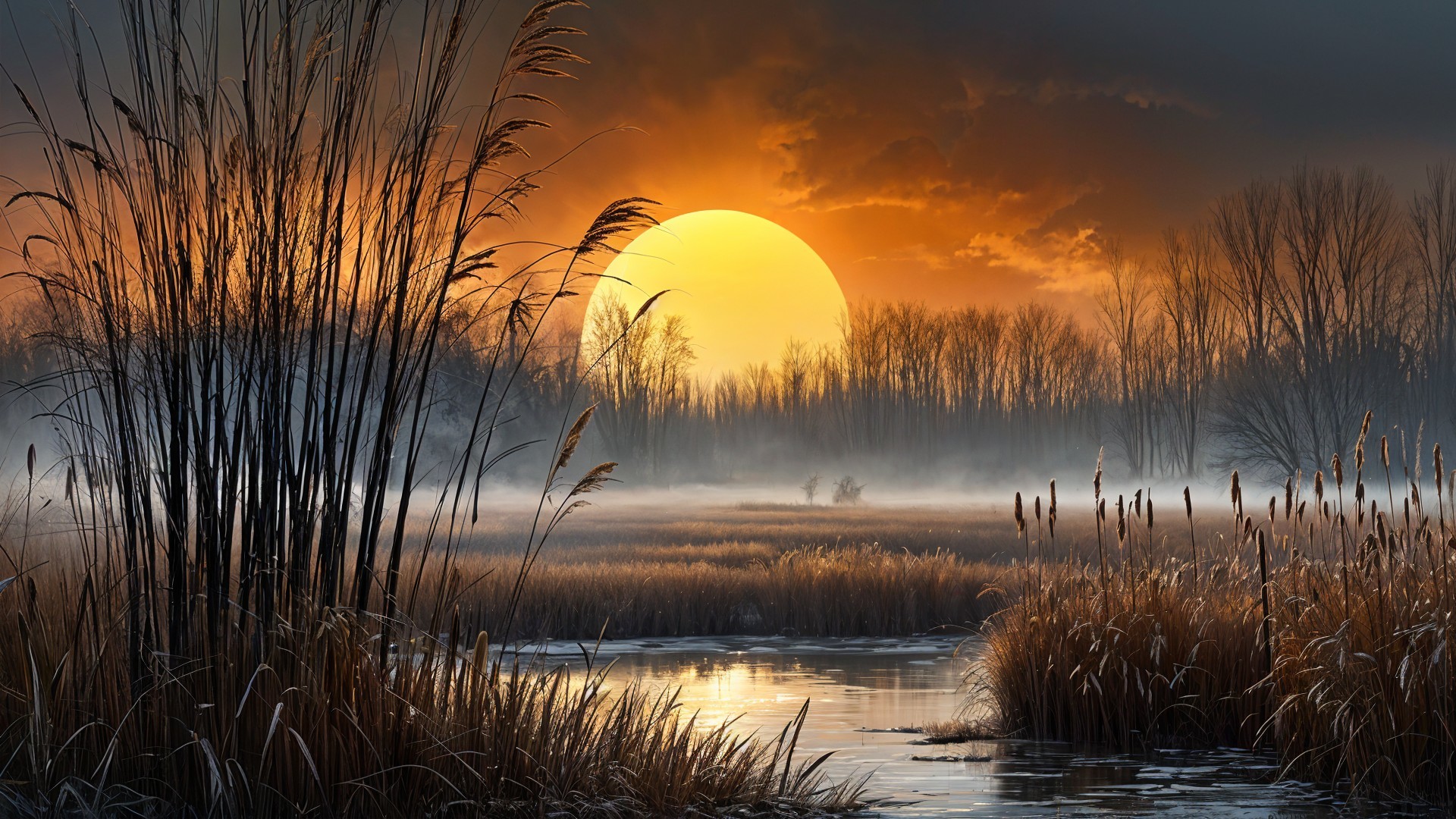 Dusk Landscape with Golden Sun and Silhouetted Trees