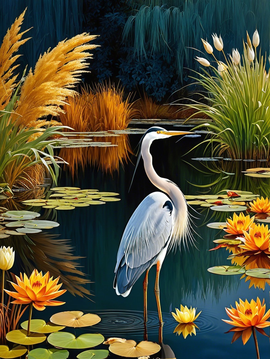 Heron in Tranquil Pond Surrounded by Water Lilies
