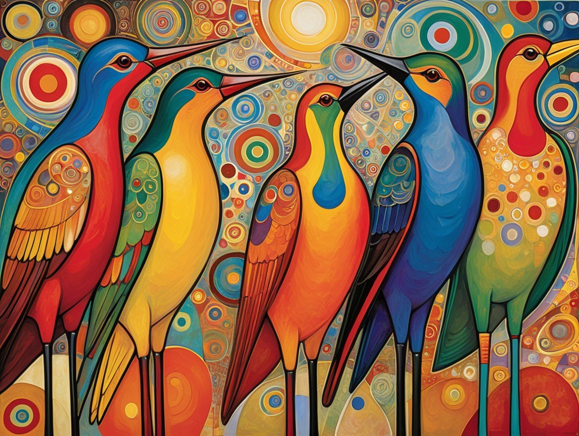 Colorful Abstract Birds with Patterns and Whimsical Background