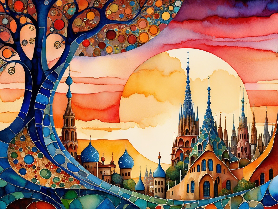 Vibrant Whimsical Landscape with Colorful Tree and City