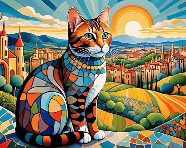 Colorful Illustration of a Cat on a Scenic Hilltop