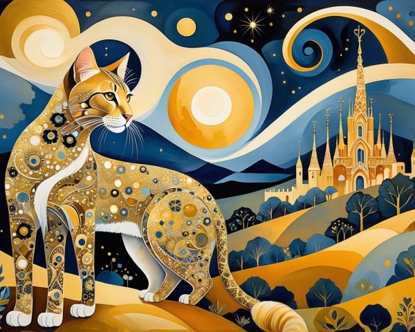 Golden-spotted cat in a whimsical night landscape