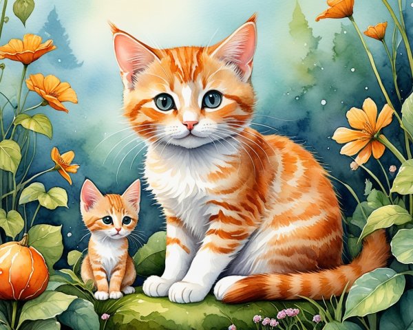 Watercolor of Orange Tabby Cat and Kitten in Flowers