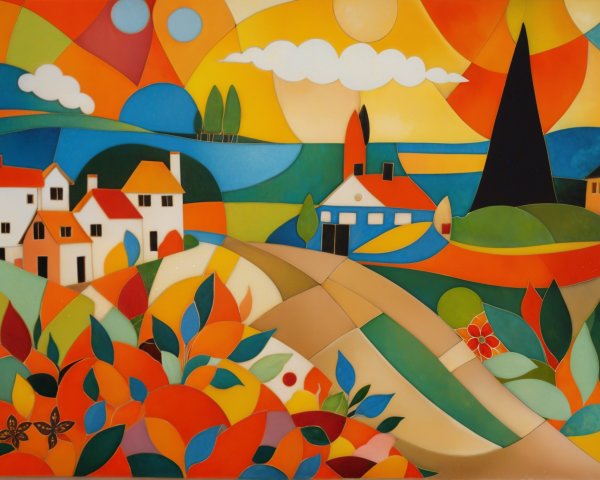 Vibrant Landscape Artwork with Colorful Patchwork Elements
