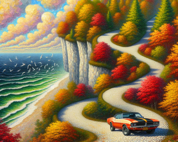 Vibrant Landscape with Winding Road and Classic Car