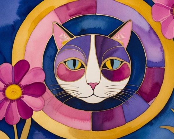 Vibrant Cat Illustration Surrounded by Colorful Circles