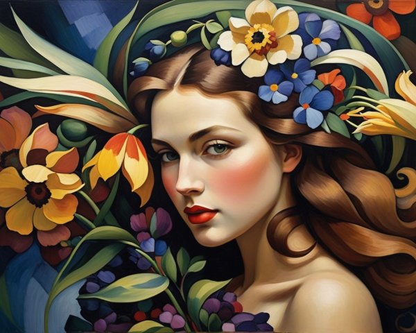 Woman with Wavy Hair and Floral Background