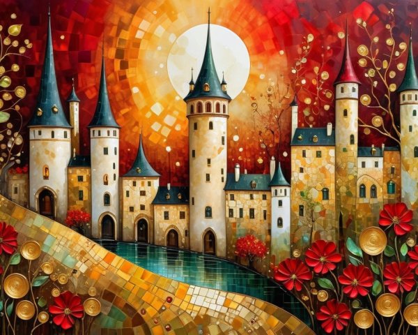 Vibrant Castle Scene with Colorful Landscape Elements