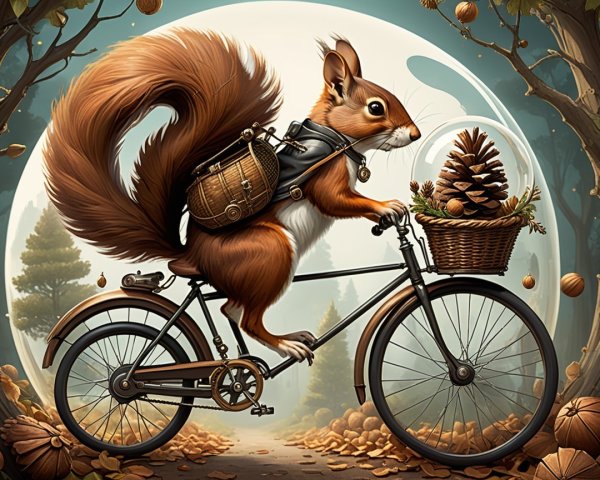 Squirrel on Vintage Bicycle in Enchanted Forest Scene