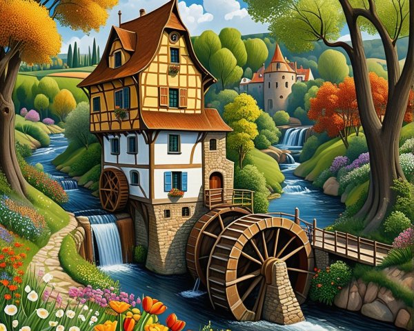 Charming Watermill by Serene River with Autumn Colors