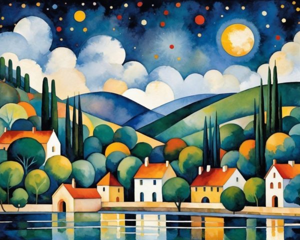 Vibrant Landscape of a Village by a Shimmering Lake