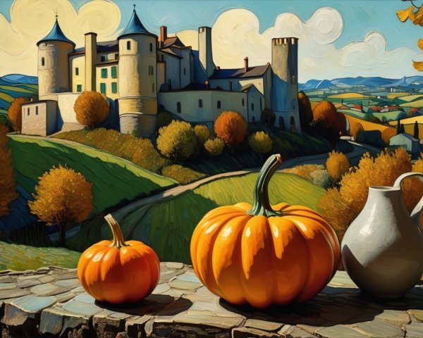 Majestic castle with pumpkins in autumn landscape
