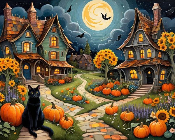 Whimsical Halloween Scene with Homes and Sunflowers
