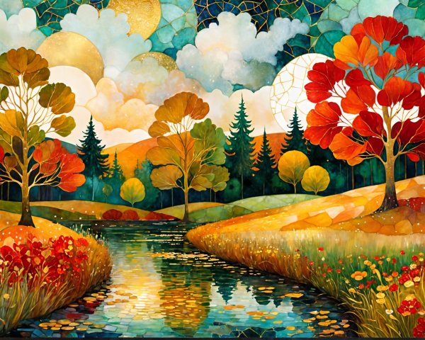 Vibrant Autumn Landscape with Colorful Trees and River