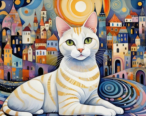 Vibrant Illustration of Cat in Whimsical Cityscape