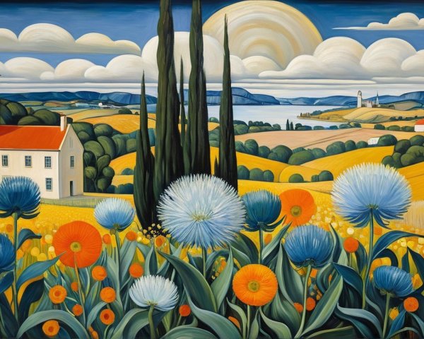 Vibrant Landscape with Church, Flowers, and Lake