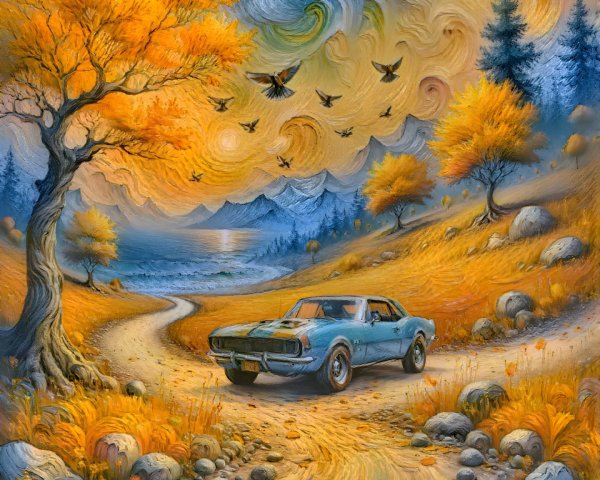 Vintage Blue Car on Winding Dirt Road in Autumn