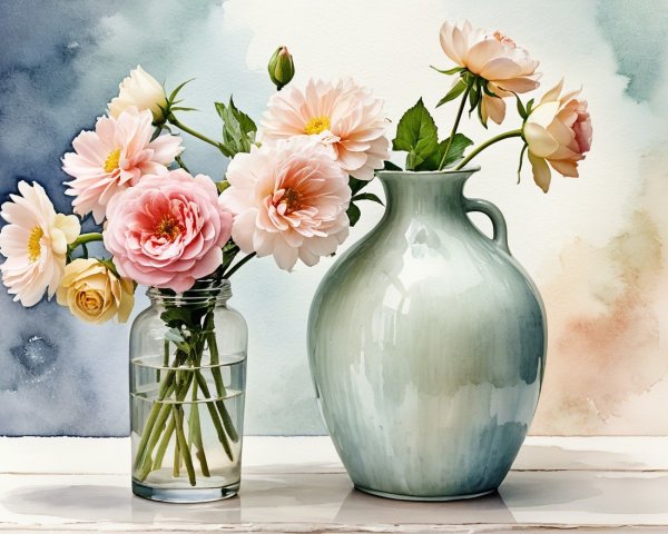 Pastel Flowers in Elegant Vases with Watercolor Background