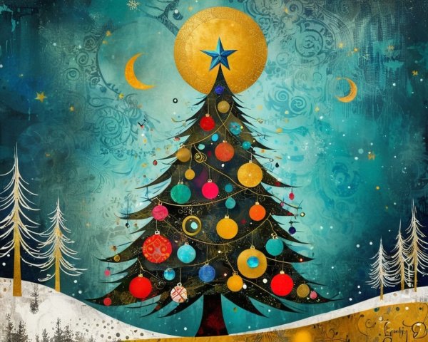 Ornate Abstract Oil Painting of a Colorful Christmas Tree