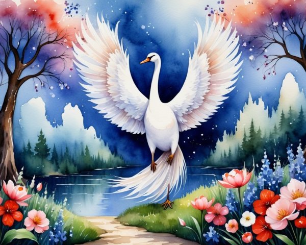 Majestic Swan by Tranquil Lake with Vibrant Flowers