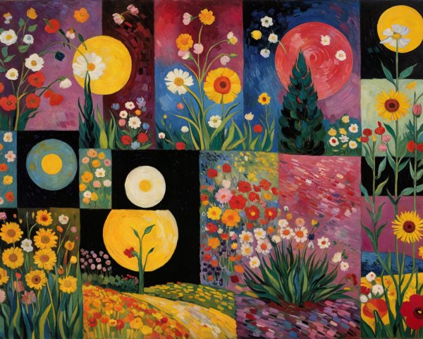 Vibrant Collage of Flowers and Suns in Bold Colors