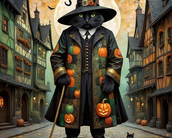 Whimsical Black Cat Wizard in Medieval Street Scene