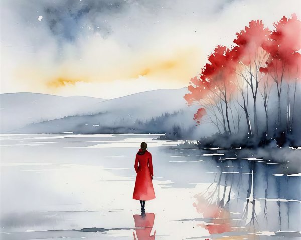 Watercolor Scene of Person in Red Coat by Still Lake